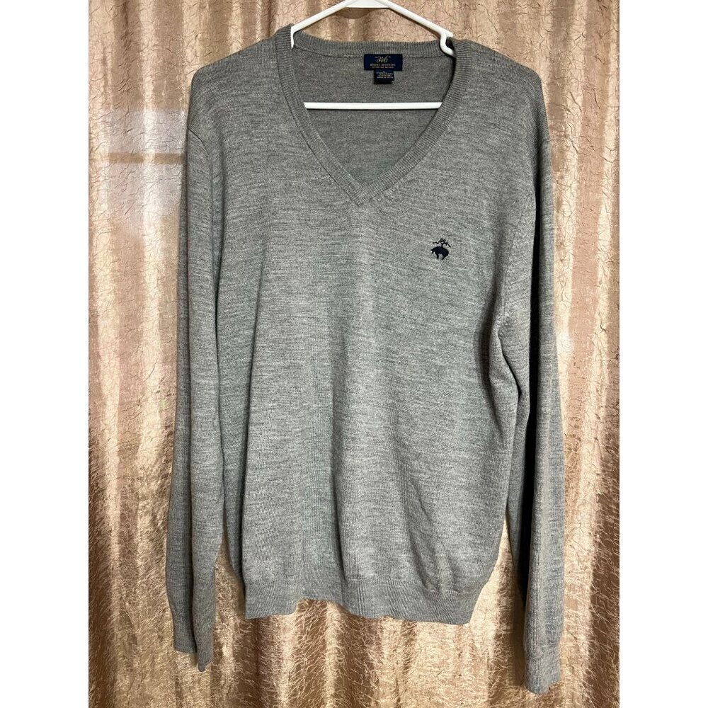Brooks Brothers Men's Large Merino Wool Blend  Gray V-Neck Sweater Long Sleeve